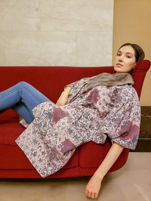 Rose Patterned Mink Collar Kimono